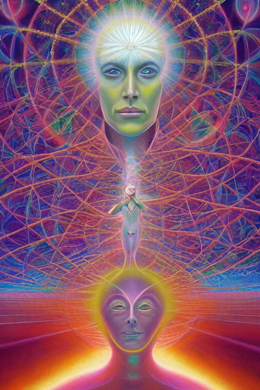 Image similar to transcendental meditation cult woman, opening third eye, chakra energy waves resonating from her body, ethereal aura, epic surrealism 8k oil painting, portrait, perspective, high definition, post modernist layering, by Raymond Swanland, Barclay Shaw, Alex Grey