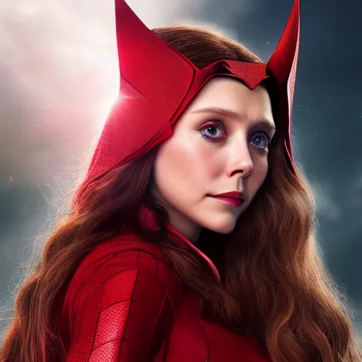 Image similar to A portrait of elizabeth Olsen as scarlet witch with the scarlet witch headpiece, cinematic, digital art, amazing detail