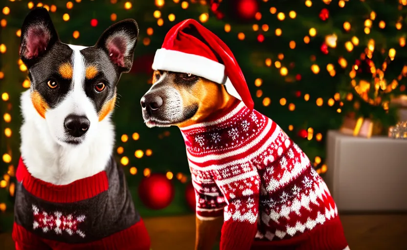 Image similar to studio photography of a dog wearing a woolen christmas sweater, detailed face, cinematic lighting, 8 k