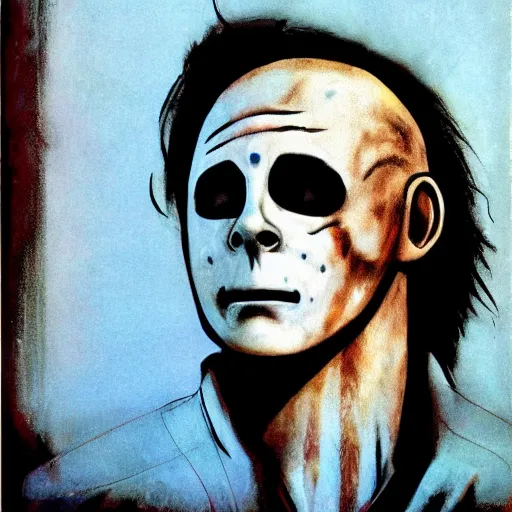 Prompt: Michael Myers in the style of a 70s science fiction novel cover