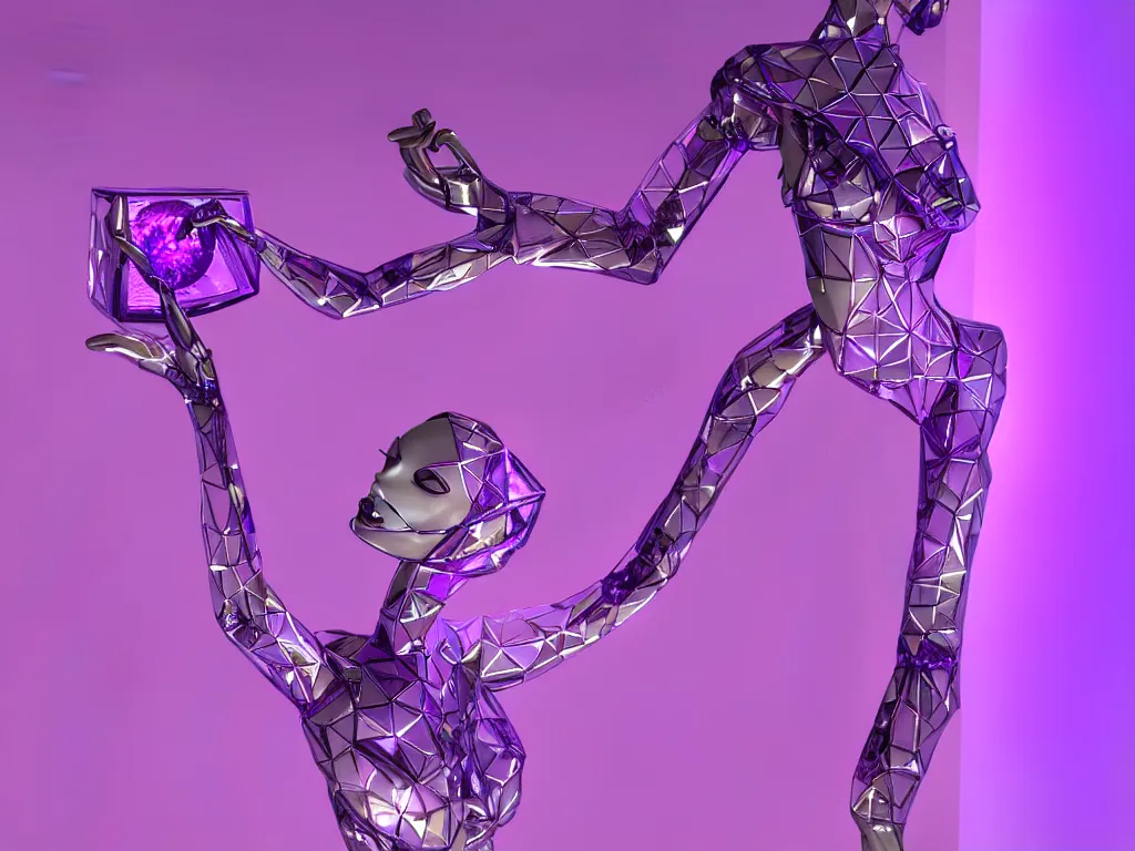 Image similar to beautiful mannequin sculpted out of amethyst by billelis + lit with purple 3 d geometric neon + chrome geometric cubed bonsai plants!!!!, doorway opening with neon pink geometric light, clean linework, dramatic, finely detailed, rule of thirds, moody, confident, award winning, 4 k, trending on artstation, photorealistic, volumetric lighting, octane render