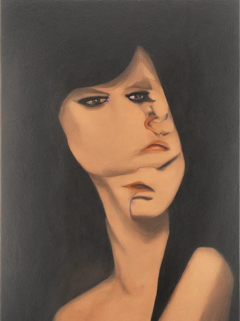 Image similar to portrait profile of one mysterious dark beautiful women in 1 9 7 8, femme fatale, oil painting by rene gruau