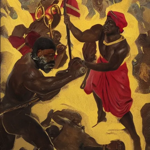 Image similar to black person with golden mace in hands fighting lenin in mountains, photorealistic