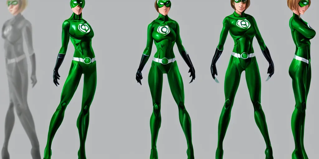 Image similar to full body exaggerated outfit, female green lantern character clean concepts by senior concept artist in the anime film, suit, powers, glowing, stronge, smooth, high detail, featured on artstation