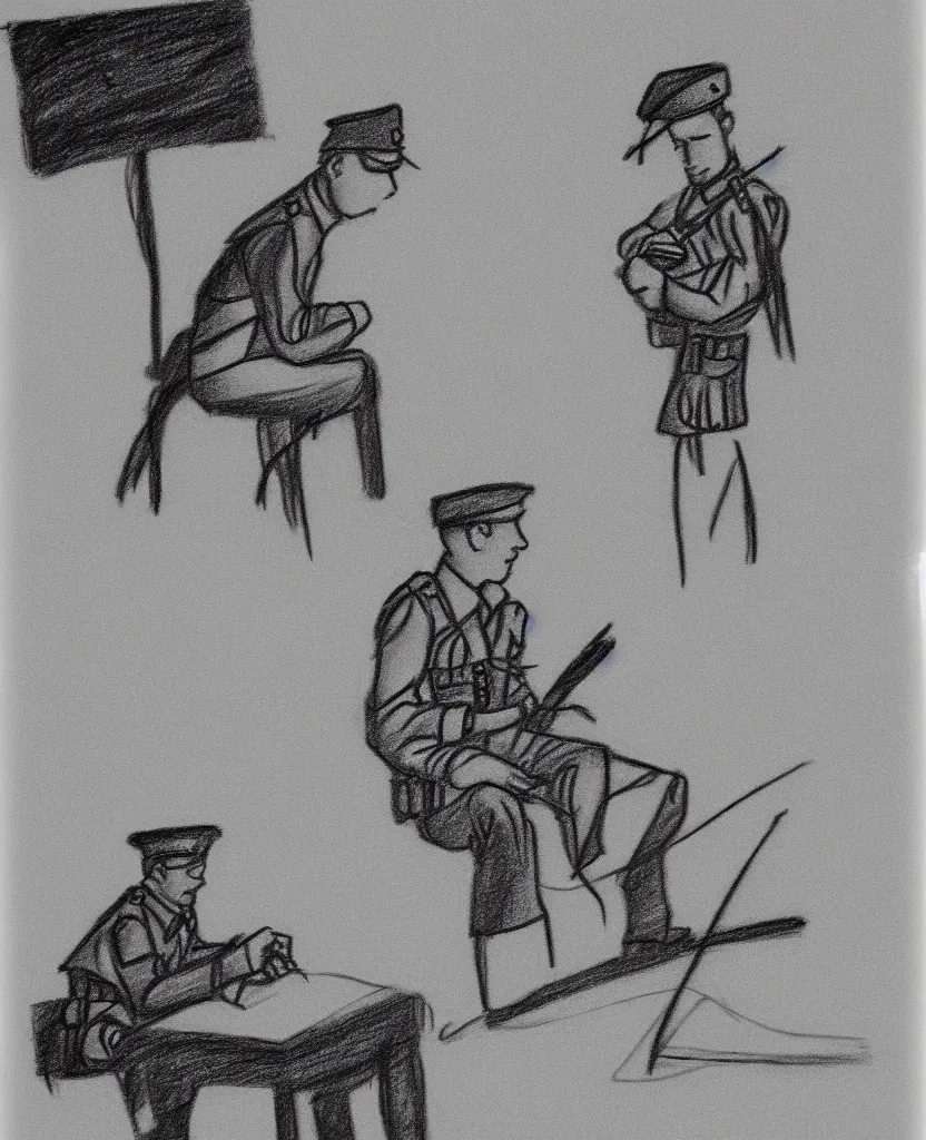 Image similar to cog video still frames of a drawing of a soldier writing a letter to home, in wwii, stop motion, minimal, black and white