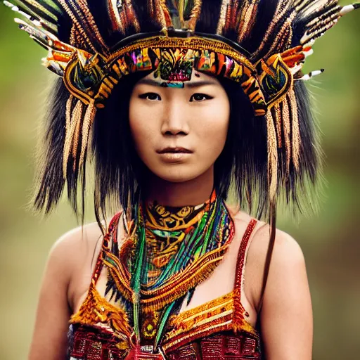 Image similar to portrait of a stunningly beautiful asian tribal female, small amount of traditional facepainting, depth of field, zeiss lens, detailed, symmetrical, centered, fashion photoshoot, by Annie Leibovitz and Steve McCurry, David Lazar, Jimmy Nelsson, Breathtaking, 8k resolution, extremely detailed, beautiful, establishing shot, artistic, hyperrealistic, beautiful face, octane render