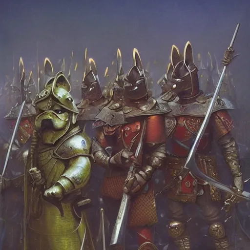 Image similar to anthropomorphic shiba inu is, army of knights wearing armor, anthropomorphic shiba inu medieval banquet, stuning fantasy 3 d render, masterpiece, glowing aura, by donato giancola and greg rutkowski and wayne barlow and zdzisław beksinski, realistic face