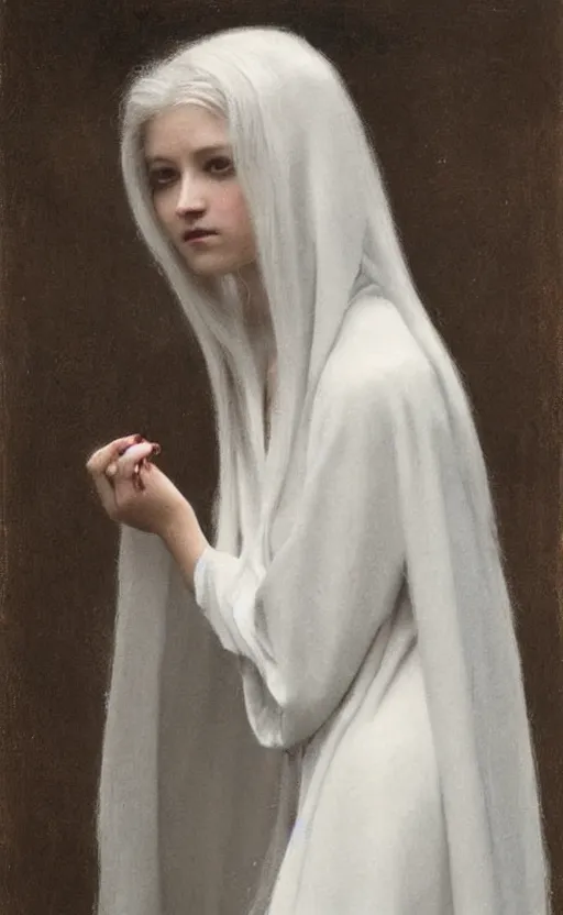 Image similar to say who is this with silver hair so pale and wan! and thin!? female angel, wearing white robes flowing hair, pale fair skin, you g face, silver hair, covered!!, clothed!! lucien levy - dhurmer, fernand keller, oil on canvas, 1 8 9 6, 4 k resolution, aesthetic!, mystery