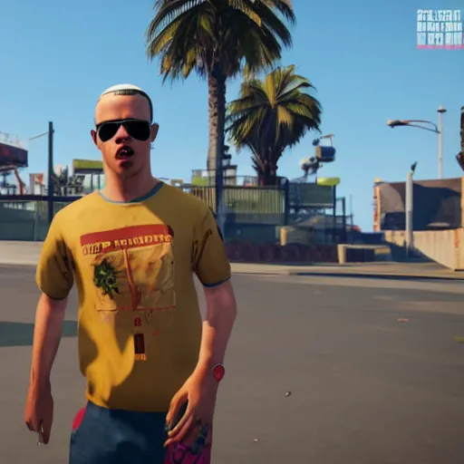 Prompt: Bad bunny as a GTA V NPC in Vespucci Beach, in game capture. 3D Render.