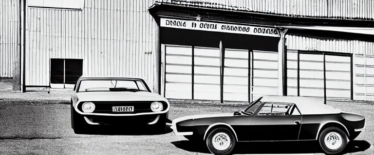 Image similar to black audi camaro b 1 ( 1 9 6 7 ) with a livery, retro poster, establishing shot