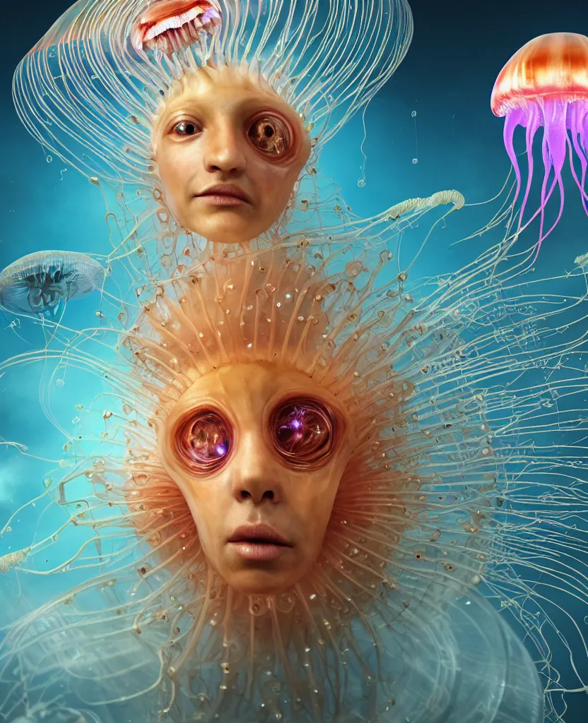 Image similar to close-up portrait of the face of a beautiful princess in a twisted flowers jellyfish mask in a spaceman suit surrounded by energy flow, epic angle and pose, symmetrical artwork, 3d with depth of field, blurred background, floating jellyfish skull phoenix bird, translucent, nautilus, energy flows of water and fire. a highly detailed epic cinematic concept art CG render. made in Maya, Blender and Photoshop, octane render, excellent composition, cinematic dystopian brutalist atmosphere, dynamic dramatic cinematic lighting, aesthetic, very inspirational, arthouse. y Greg Rutkowski, Ilya Kuvshinov, WLOP, Stanley Artgerm Lau, Ruan Jia and Fenghua Zhong