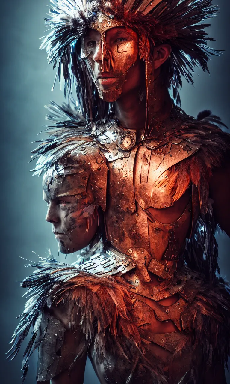 Prompt: an astonishing warrior wearing an armor made of feathers, strange energy emitting through body, scars on face, volumetric lighting, scary eyes, digital art,