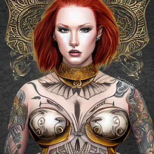 Prompt: a beautiful woman wearing gold armor, redhead, short hair, tattooed face, digital art, extremely detailed