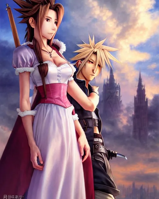 Image similar to character concept art of aerith gainsborough together with cloud strife at gold saucer, istinct - fine, key visual, realistic shaded perfect face, fine details by stanley artgerm lau, wlop, rossdraws, james jean, andrei riabovitchev, marc simonetti, sakimichan, and jakub rebelka, trending on artstation