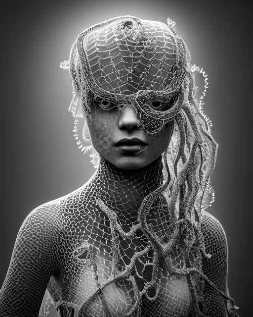 Image similar to surreal mythical dreamy artistic black and white fine art photo of a beautiful young female queen - medusa - cyborg covered with lace fish scales and translucent algae, highly detailed, intricate crystal ivy lace jelly fish scales ornate, poetic, octane render, 8 k, photo - realistic