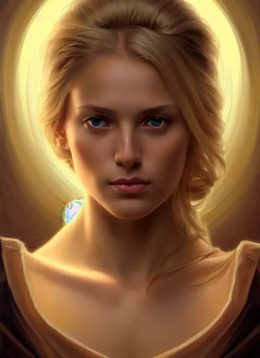 Image similar to beautiful feminine face!! portrait of young wife blessed by god with ever - increasing physical mental perfection, blonde, symmetrical! intricate, sensual features, highly detailed, divine holy perfection!! sci fi, digital painting, artstation, concept art, smooth, sharp focus, illustration, art by artgerm and greg rutkowski and alphonse mucha