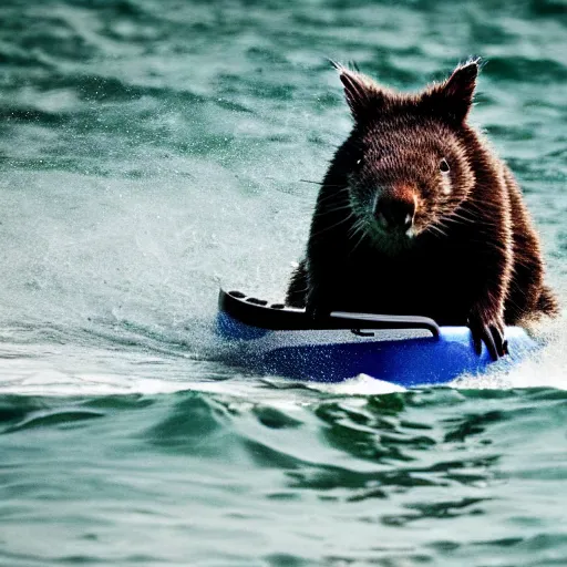 Prompt: wombat playing chess on spider - man painted paddle ski on waves dark ominous big waves dramatic