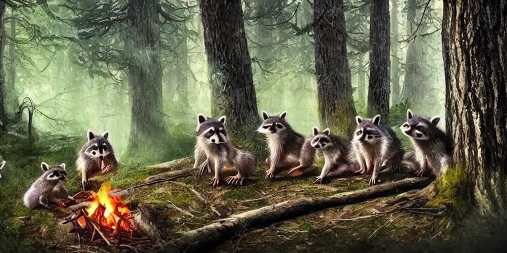 Prompt: A small group of racoons is sitting in the forest next to a campfire. There is a wolf sneaking from the side. Cinematic, very beautiful, painting in the style of Lord of the rings