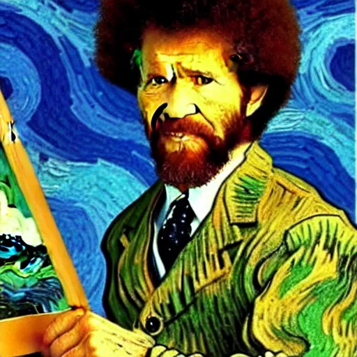 Image similar to ! bob ross! at his easel, painting a van gogh picture