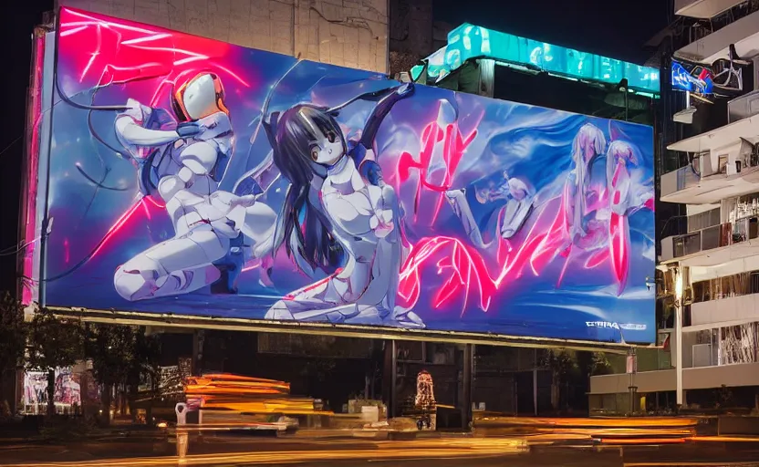 Image similar to night lighting billboard advertisement with an extremely beautiful photo of a white marble statue of an anime girl with colorful motocross logos and motorcycle helmet with closed visor, colorful smoke in the background, carved marble statue, fine art, neon genesis evangelion, virgil abloh, offwhite, denoise, highly detailed, 8 k, hyperreal