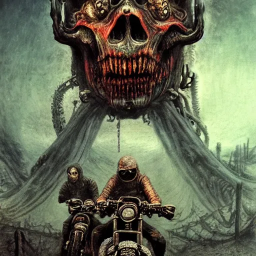 Prompt: motorbikers race in hell, horror art, by beksinski, szukalski, giger, pyromallis, dzo, iris compiet, seb mckinnon, digital art, highly detailed, intricate, sharp focus, trending on artstation hq, deviantart, pinterest, unreal engine 5, 4 k uhd image