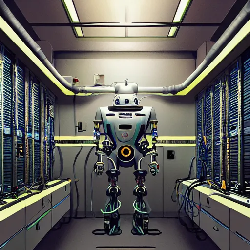 Prompt: a digital art of robot power armor in server room by simon stalenhag character design, robot in data center, trending on artstation, 8 k, ultra wide angle, zenith view, pincushion lens effect