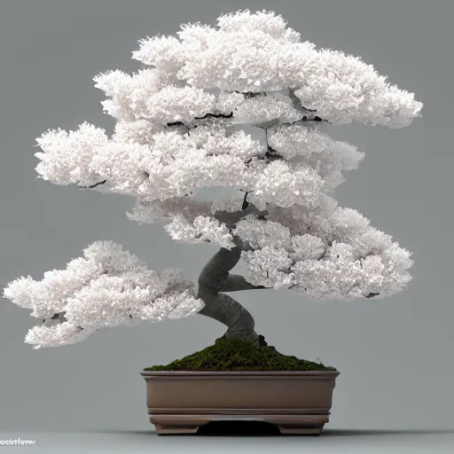 Image similar to japanese origami of a cute bonsai cherry blossom everything in white, octane render, hyper detailed, wabi-sabi