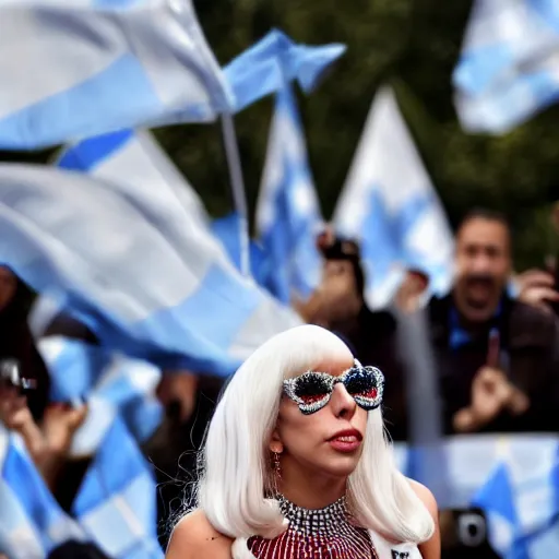 Image similar to Lady Gaga as president, Argentina presidential rally, Argentine flags behind, bokeh, giving a speech, detailed face, Argentina