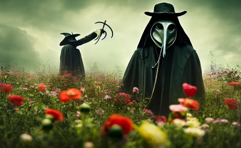 Image similar to a extremely disturbing old forgotten horror photograph of a plague doctor in a field of flowers, hyperrealism, sharp focus, highly detailed, horror cgi 4 k, matte, octane render, cinematography, photo by professional photographer