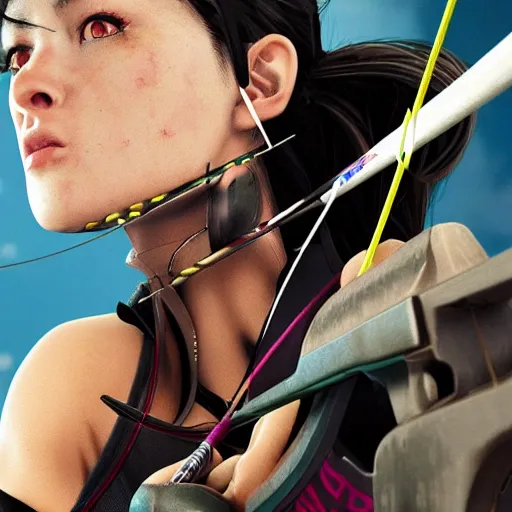 Image similar to close up, attractive sports woman in archery, a grungy cyberpunk anime, highly detailed