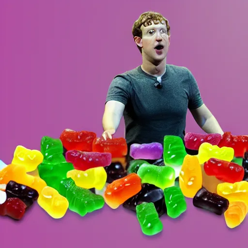 Image similar to Mark Zuckerberg angry eating gummy bears