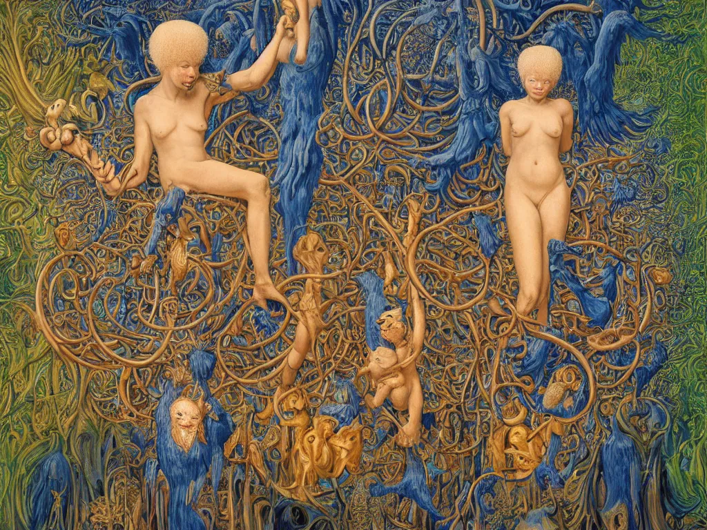 Image similar to Portrait of the African god albino holding the caged fantastic fractal bird at her chest, sculpture, Henri Moore giant, blue eyed, flowing milk, lightning network. Boulders of spiked fungi. Painting by Lucas Cranach, Rene Magritte, Jean Delville, Max Ernst, Maria Sybilla Merian, Roger Dean