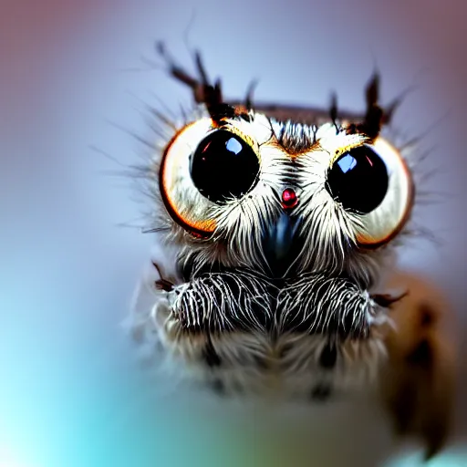 Image similar to jumping spider mixed with owl with 4 eyes, cute creature, hybrid, anamorphic lens, bokeh, kodak color film stock, macro shot