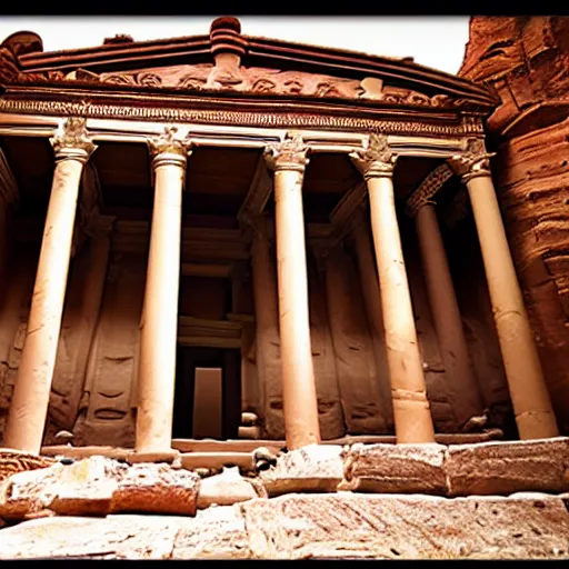 Prompt: the temple of petra with columns carved as anime characters