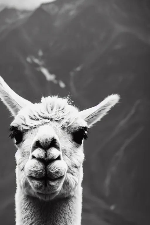 Prompt: Double exposure, soft light, soft focus, mountain scene in a llama face, double exposure effect, creative animal portrait, andes mountain forest, film photography