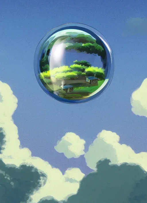 Image similar to an asymmetrical cell - shaded studio ghibli concept art study of a metal cube inside a transparent bubble in the sky. wide shot, very dull colors, hd, 4 k, hq