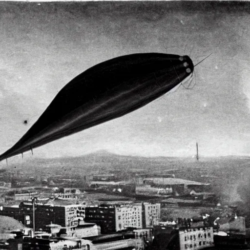 Image similar to grainy 1800s photo of a dirigible airship firing a huge ray gun at a city below
