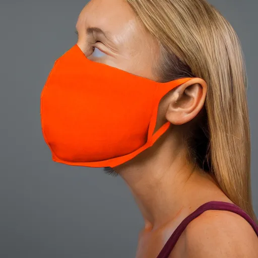 Image similar to portrait of a woman wearing a orange mask, orange background, studio lighting