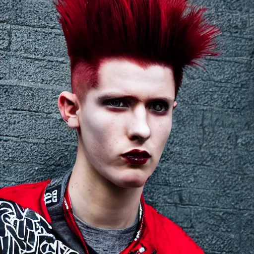 Image similar to young man with a short red dyed mohawk, red eyes and a slim face, dressed in punk clothing, punk style, headshot photo, attractive, handsome, in color, no lipstick