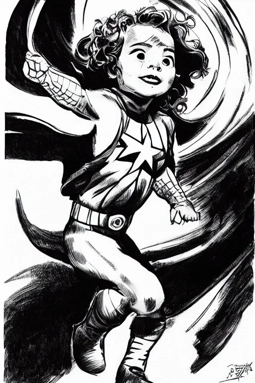 Image similar to a little girl with a mischievous face and light brown curly wavy hair. she is dressed as captain america, spider - man, batman, captain marvel, a superhero. clean elegant painting, beautiful detailed face. by steve ditko and jack kirby and greg rutkowski