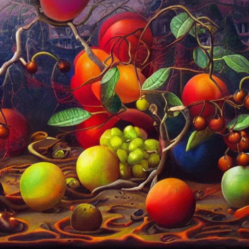 Image similar to forbidden fruit, surrealism, oil on canvas, high detail, masterpiece