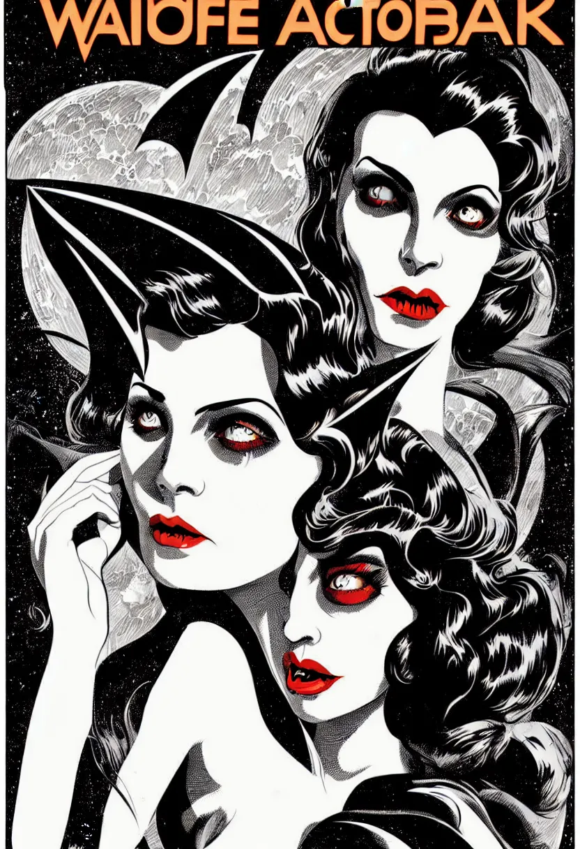 Prompt: vintage science fiction magazine poster portrait of an attractive vampire babe, bat wings, vector art, 8k, highly detailed illustration