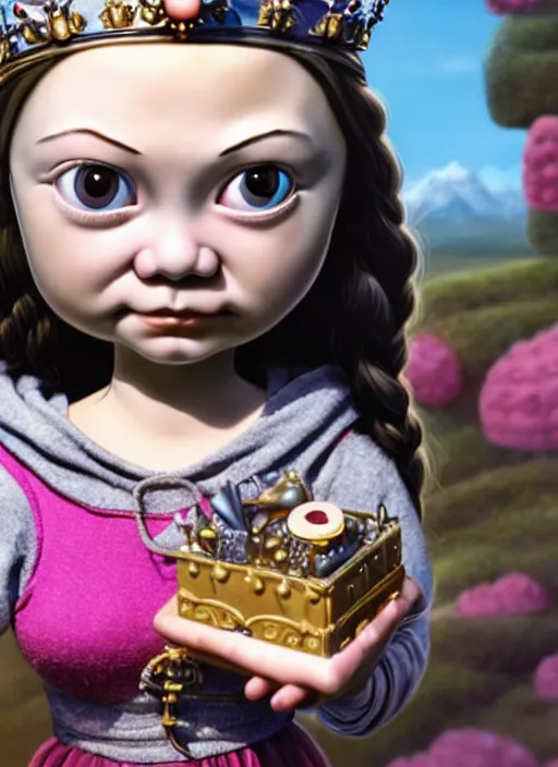 Prompt: highly detailed closeup, face profile portrait of greta thunberg as a tin toy fairytale goth princess wearing a crown eating cakes, bikini, unreal engine, nicoletta ceccoli, mark ryden, earl norem, lostfish, global illumination, detailed and intricate environment