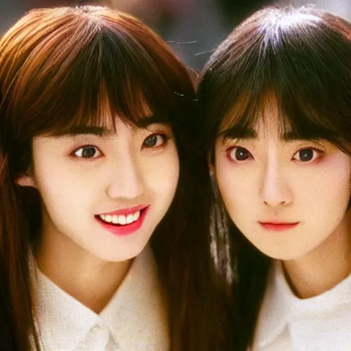 Image similar to 1990s, unbelievably beautiful, perfect, dynamic, epic, cinematic 8K HD movie shot of two semi-close-up japanese beautiful cute young J-Pop idols actresses girls, they express joy and posing together. By a Chinese movie director. Motion, VFX, Inspirational arthouse, high budget, hollywood style, at Behance, at Netflix, with Instagram filters, Photoshop, Adobe Lightroom, Adobe After Effects, taken with polaroid kodak portra