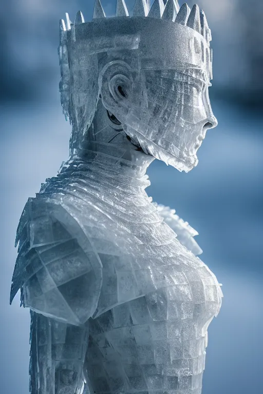 Image similar to a sculpture of female knight made of ice, symmetry, cinematic, elegant, luxury, perfect light, perfect composition, dlsr photography, sharp focus, 8 k, ultra hd, sense of awe, highly detailed, realistic, intricate