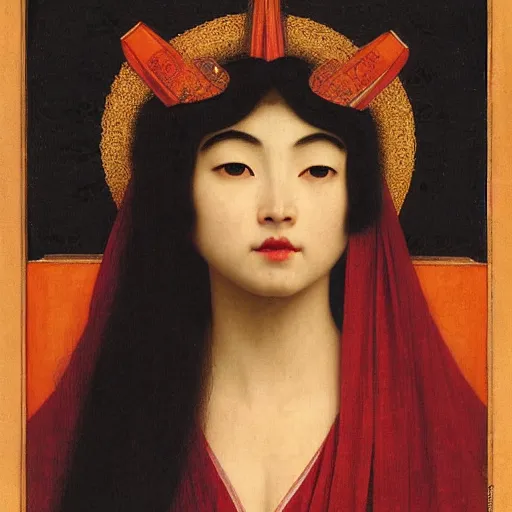 Image similar to front symmetric face of asian megane fox in japanese costume, victorian head dress, by jan van eyck, tom bagshaw, jean delville, william bouguereau, albrecht durer, symbolist painting, mysterious mood