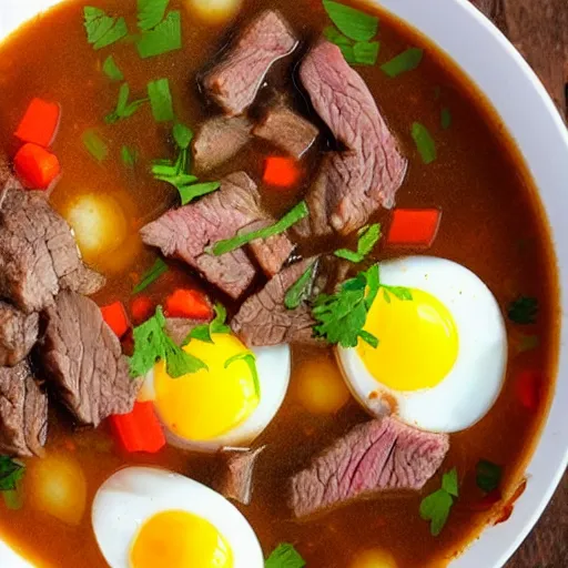 Prompt: Cooked beef mixed with cooked pork and cooked eggs in a soup