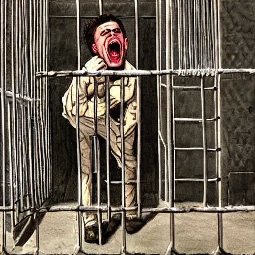 Prompt: a screaming prisoner holding prison bars, realism