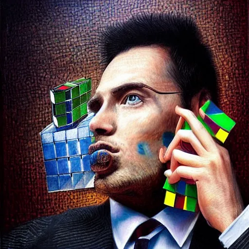 Image similar to hyper - realistic hyper - detailed fine painting of a man wearing a suit and with a rubik's cube head, ultra - realistic detailed surrealism, magical realism