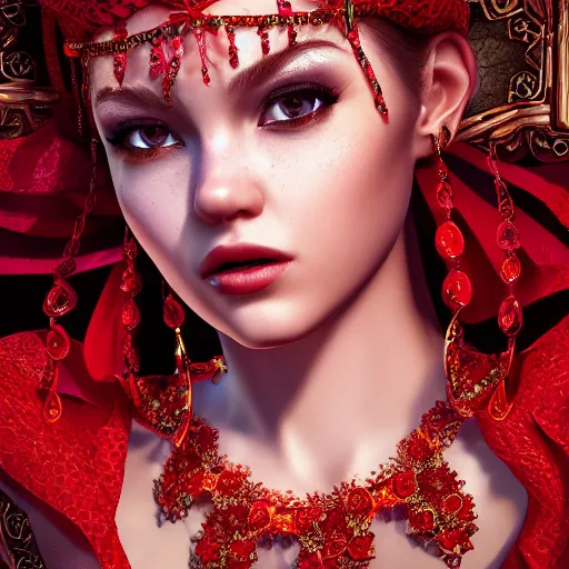 Image similar to wonderful princess with smooth fair skin, alluring eyes, red jewelry, breathtaking, elegant, intricate, hyper detailed, accent lighting, 4 k glamour photography, octane render